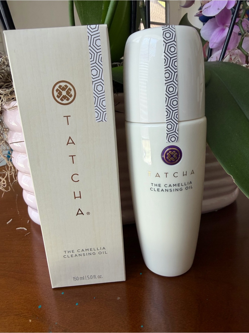 Tatcha Camellia Cleansing Oil — White Bottle with Gold & Purple Accents